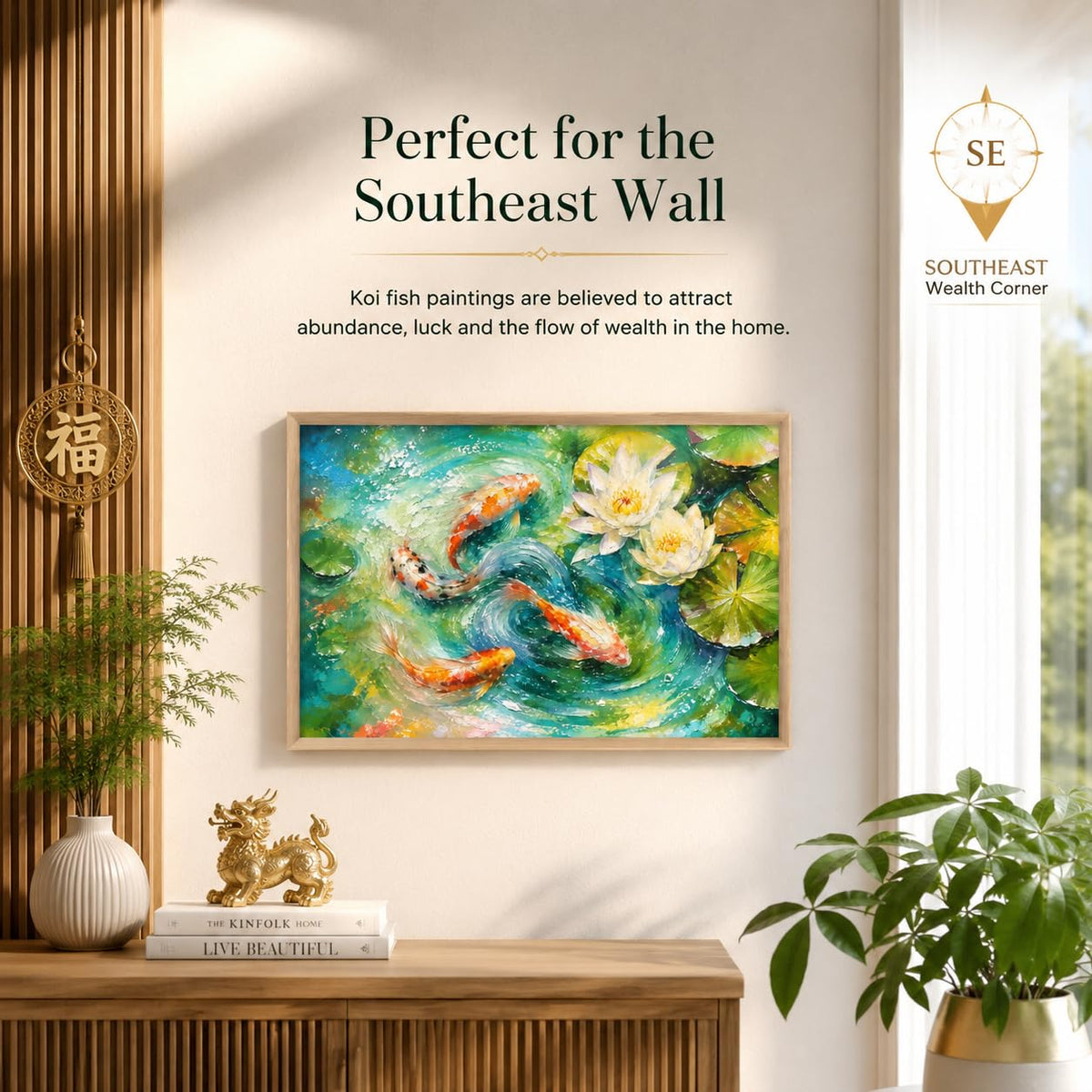 Koi Fish Lotus Pond Vastu Wall Painting for Living Room Bedroom Hall Office Decor, Water Lily Nature Artwork, Premium Wooden Synthetic Frame (13.5 x 19.5 Inch) NM01-V-178