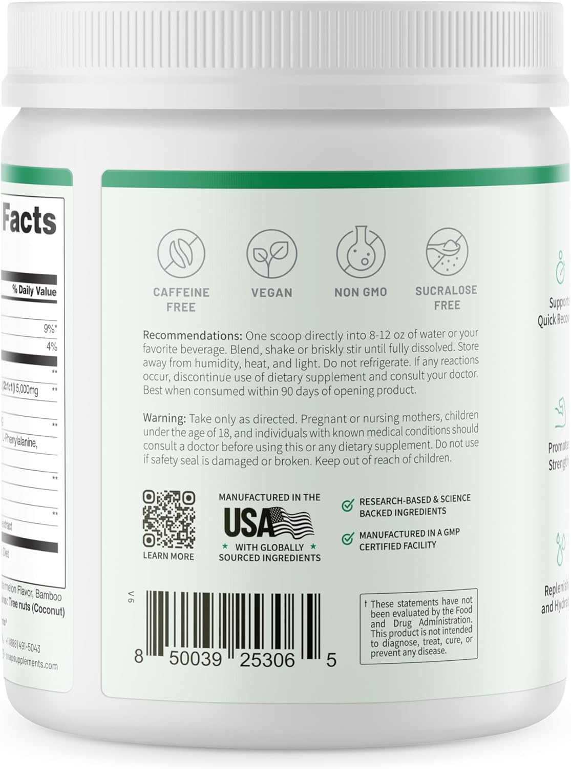 Supplement container with label showing nutritional information, ingredients, and manufacturing details.