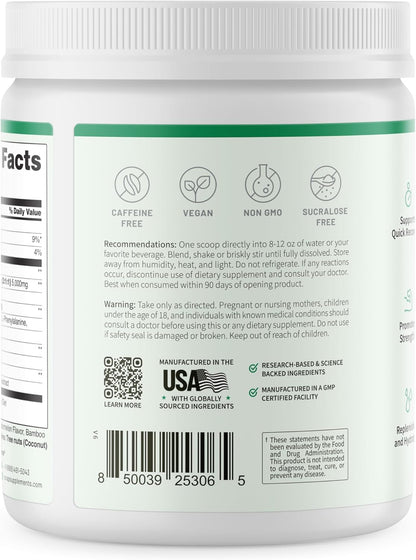 Supplement container with label showing nutritional information, ingredients, and manufacturing details.