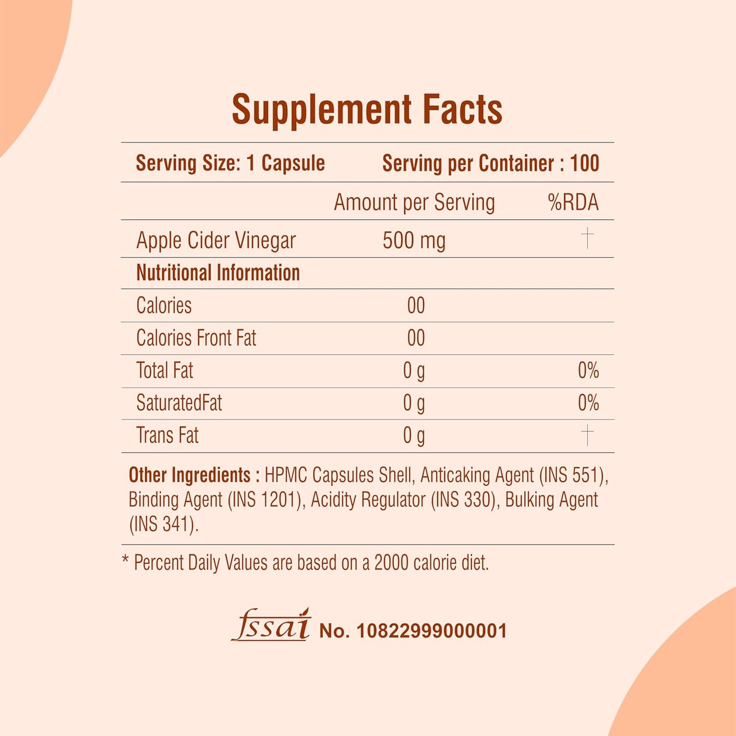 Apple Cider Vinegar 500 mg for Weight Loss management & Gut Health Supplement | Supports Metabolism & Heart Wellness | 100 Veg Capsules