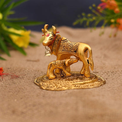 Murtique Kamdhenu Cow with Calf Brass Idol Statue for Home Temple Pooja | Vastu Decorative Showpiece | Golden Finish Sacred Gomata Murti for Office Desk Gift Festival Home Decor
