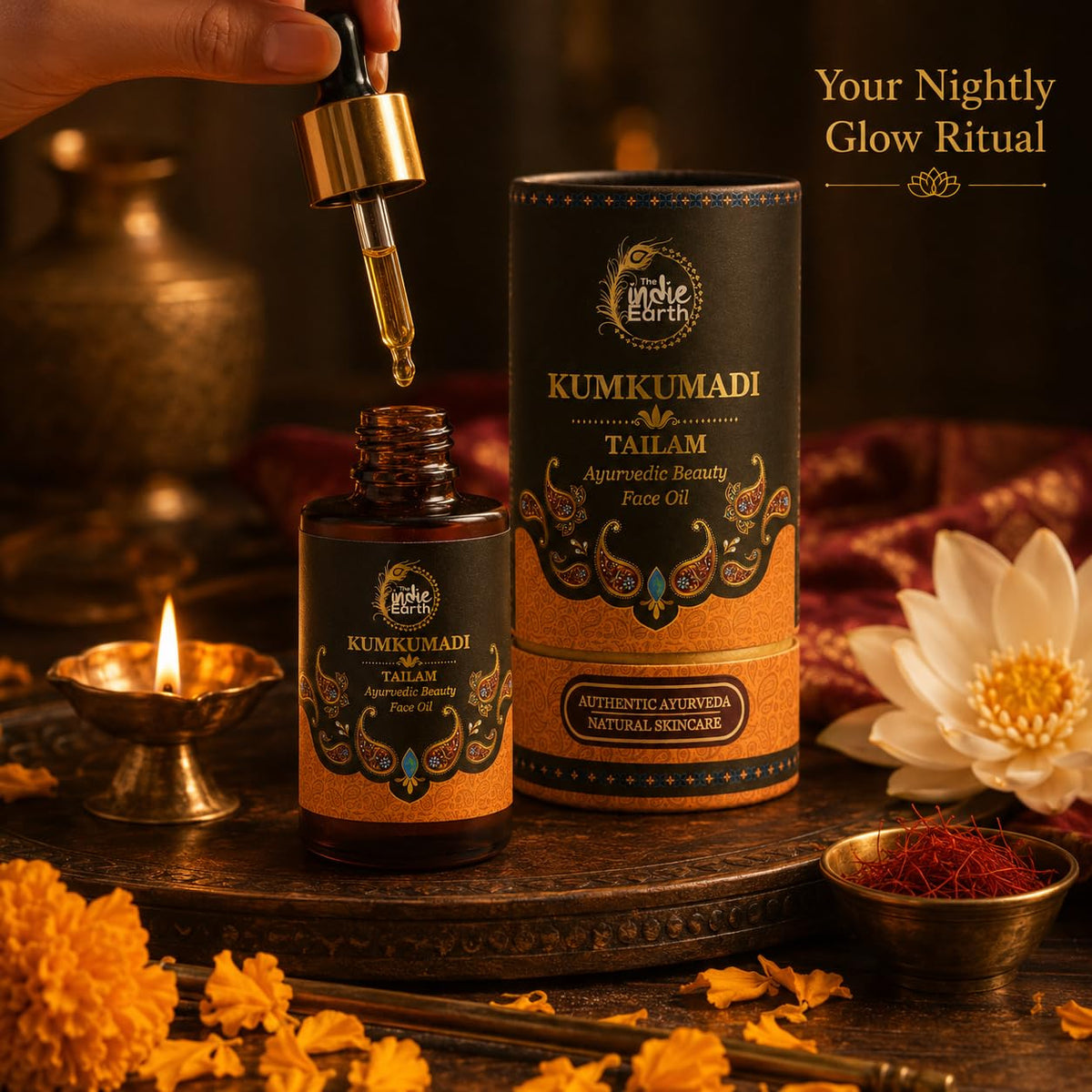 The Indie Earth Kumkumadi Tailam 30 ml | An Ayurvedic Beauty Face Oil | Miraculous Beauty Night Serum for Brighter, Glowing & Younger Looking Skin with Turmeric, Saffron, Blue Lotus & Indian Lotus