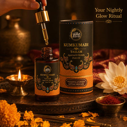 The Indie Earth Kumkumadi Tailam 30 ml | An Ayurvedic Beauty Face Oil | Miraculous Beauty Night Serum for Brighter, Glowing & Younger Looking Skin with Turmeric, Saffron, Blue Lotus & Indian Lotus