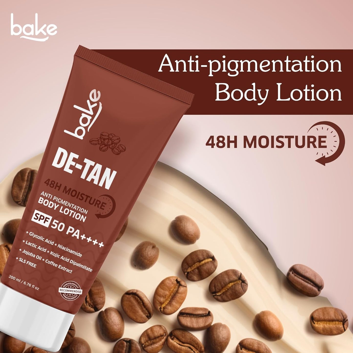 BAKE De-Tan Coffee Body Lotion (200ml) 48 Hour Moisturization with Kojic Acid, Lactic Acid, Niacinamide & SPF 50 for Pigmentation & Tan Removal | For Dark Spots & Sun Protection | Tanned & Pigmented Skin | For Women & Men