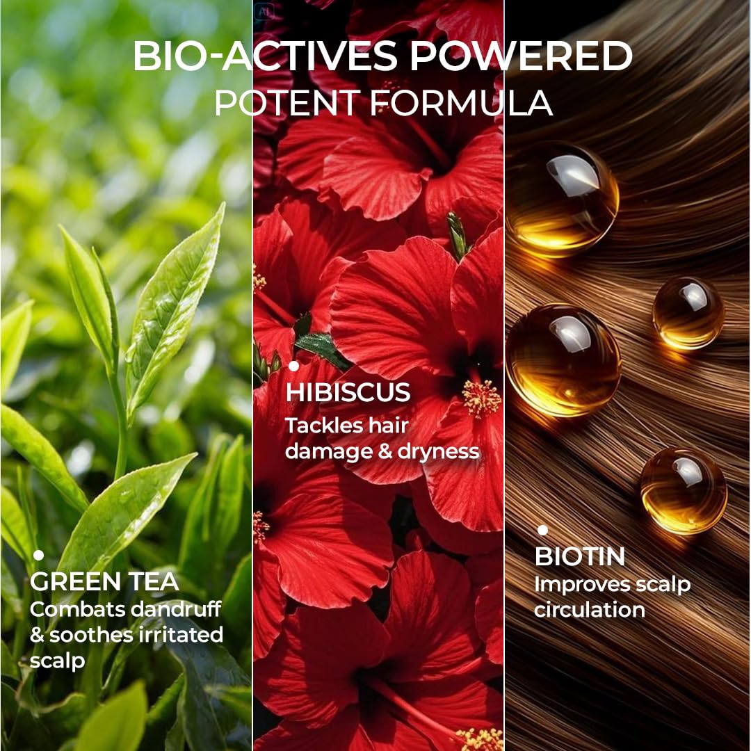 Product advertisement with green tea leaves, red hibiscus flowers, and biotin capsules on a wooden background.
