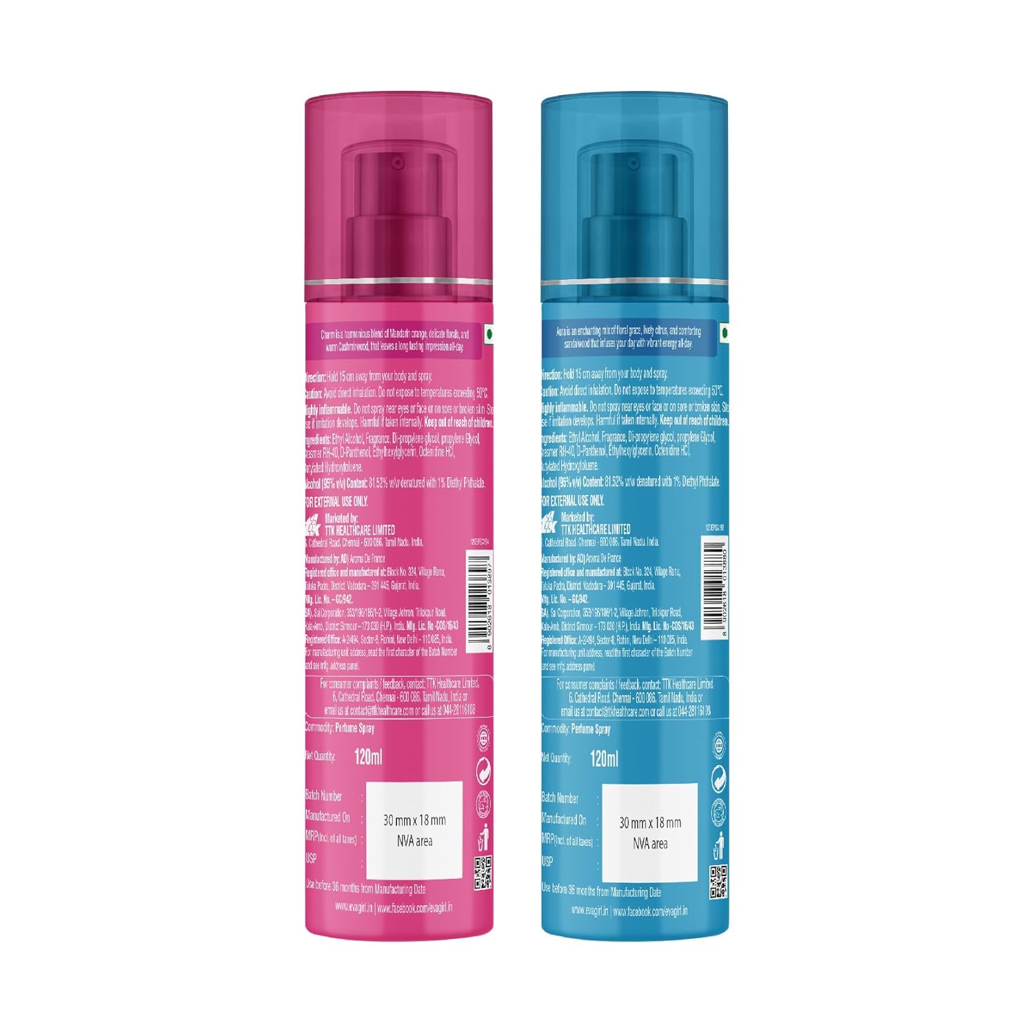 Two deodorant bottles, one pink and one blue, on a white background