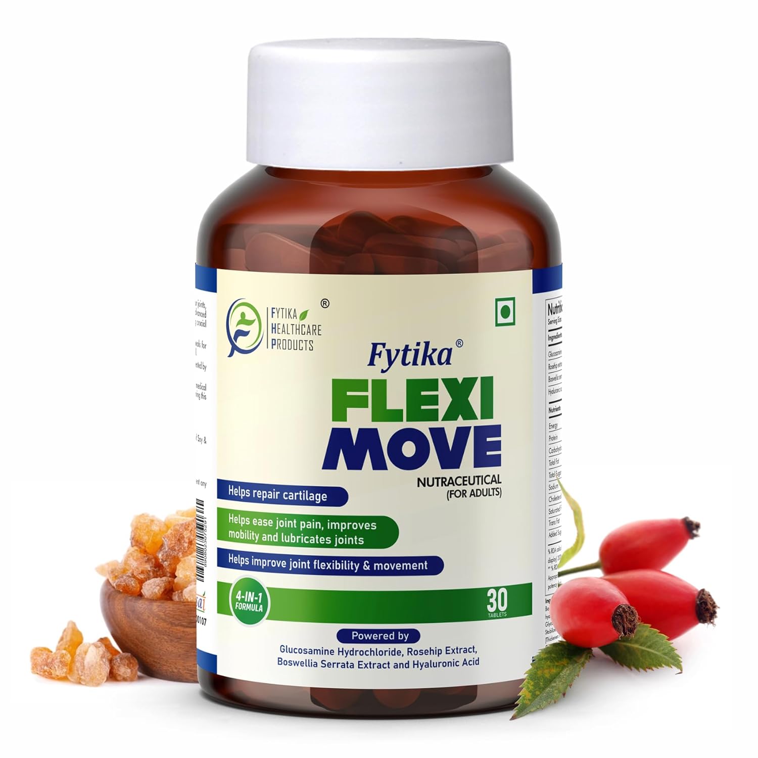 Fytika Flexi Move supplement bottle with ingredients on a white background