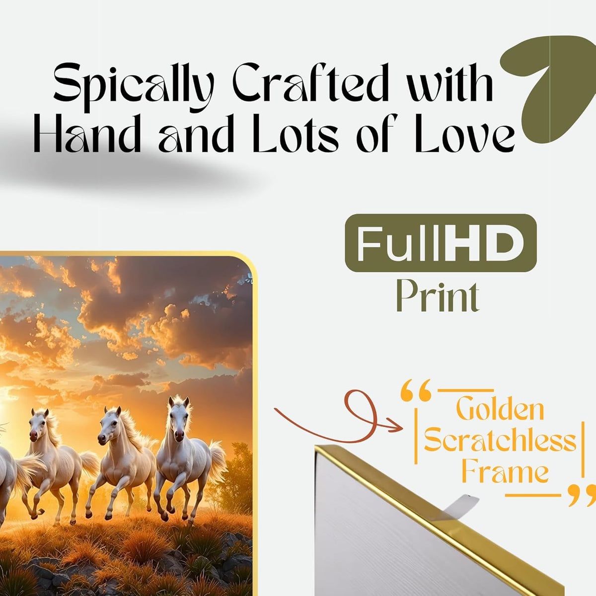 7 Running Horses MDF Wall Art 12x18 Inch | Golden Border Vastu Painting for Home & Office Décor | Modern Elegant Wall Hanging Frame for Living Room, Bedroom (Design 1)