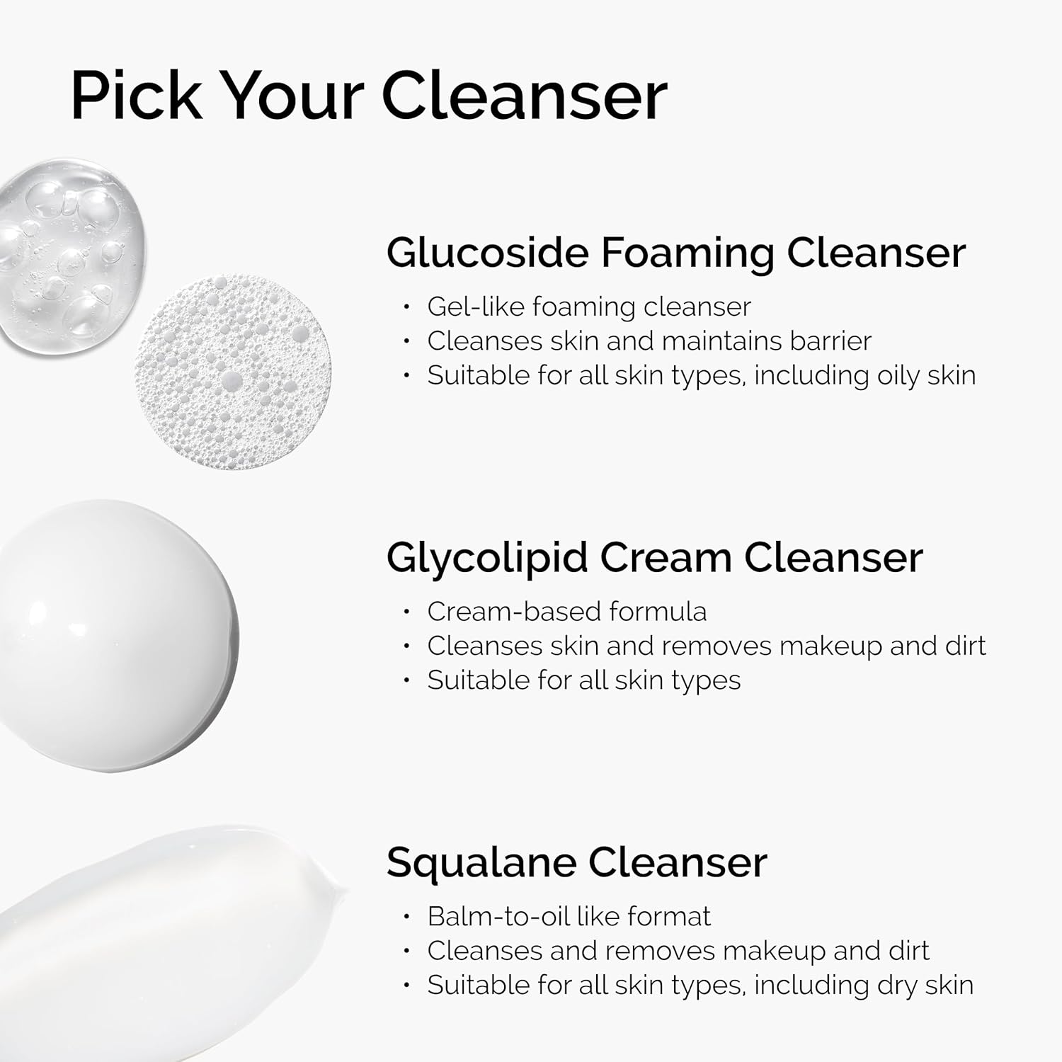 Product description of cleansers with text and images on a white background