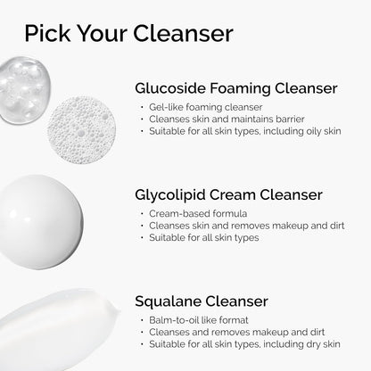 Product description of cleansers with text and images on a white background