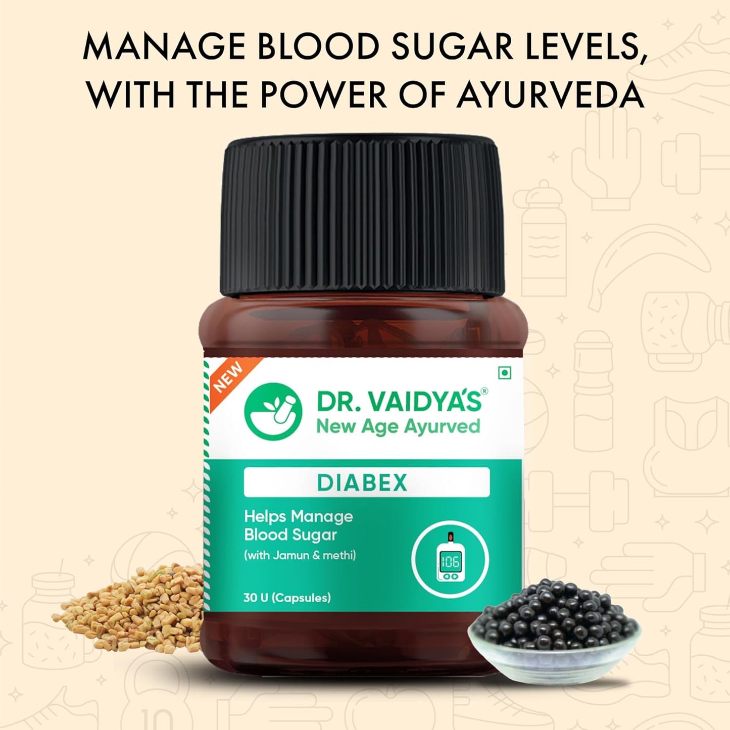 Dr. Vaidya's Diabex Capsules | Helps Regulate Blood Sugar Levels | Ayurvedic Blend With The Goodness Of Methi, Karela & Neem | (30 Capsules)
