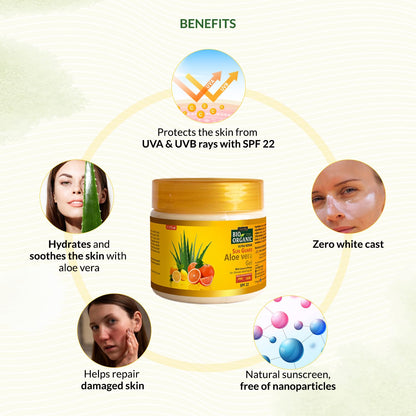 Sunscreen jar with benefits listed on a light green background