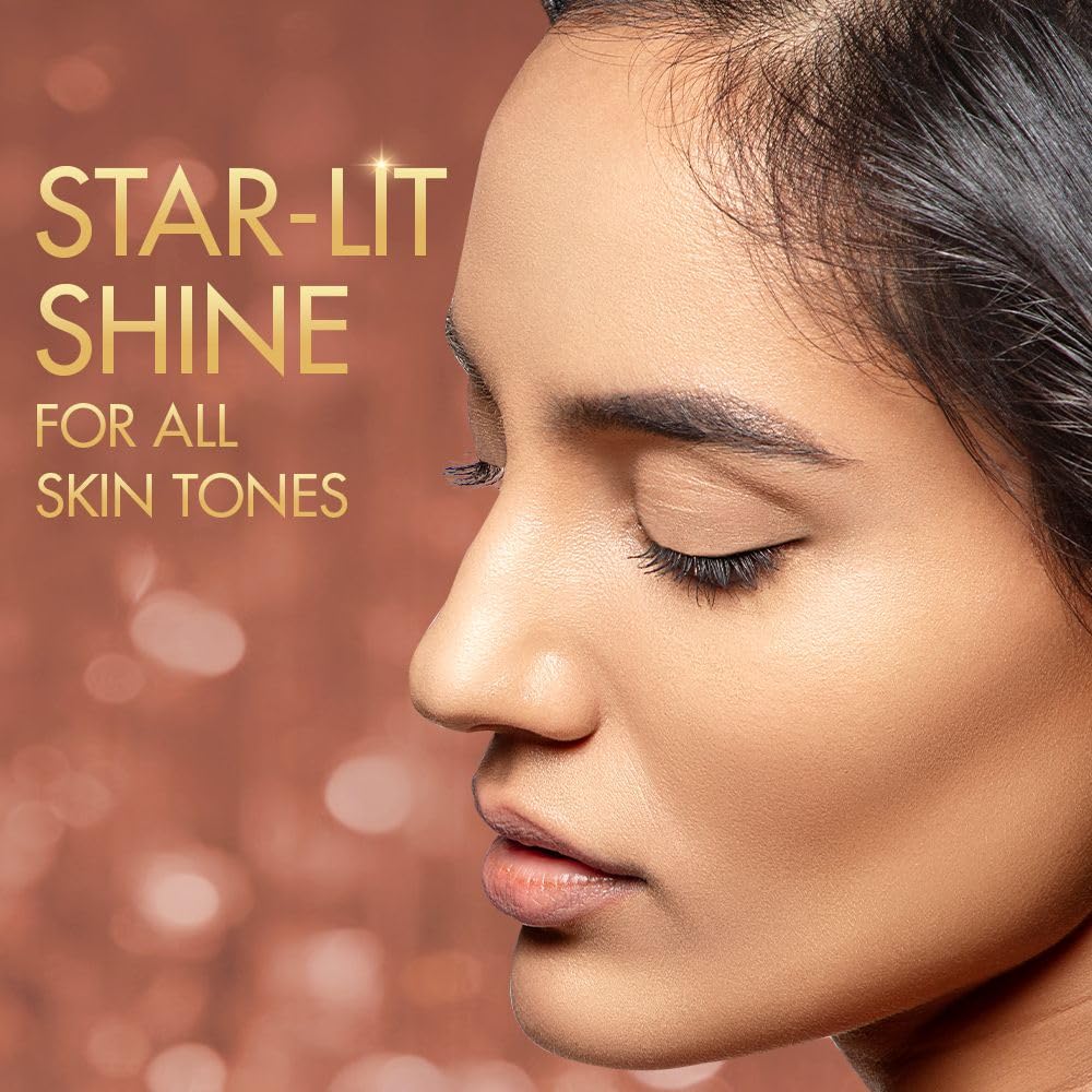 Woman's face with 'Star-Lit Shine for all skin tones' text on a warm-toned background