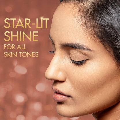 Woman's face with 'Star-Lit Shine for all skin tones' text on a warm-toned background