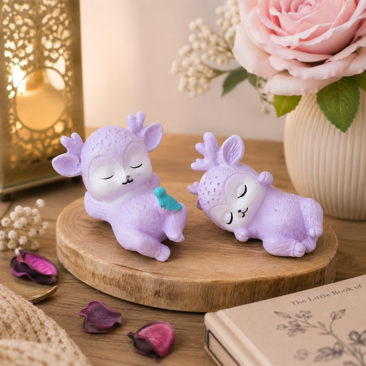 Set of 4 Miniature Cute Sleeping Deer Statues Animal Figurines Decorative Showpiece (Resin) Home Decor Valentine Gift for Girlfriend Boyfriend Husband Wife Valentine Day Decoration Items