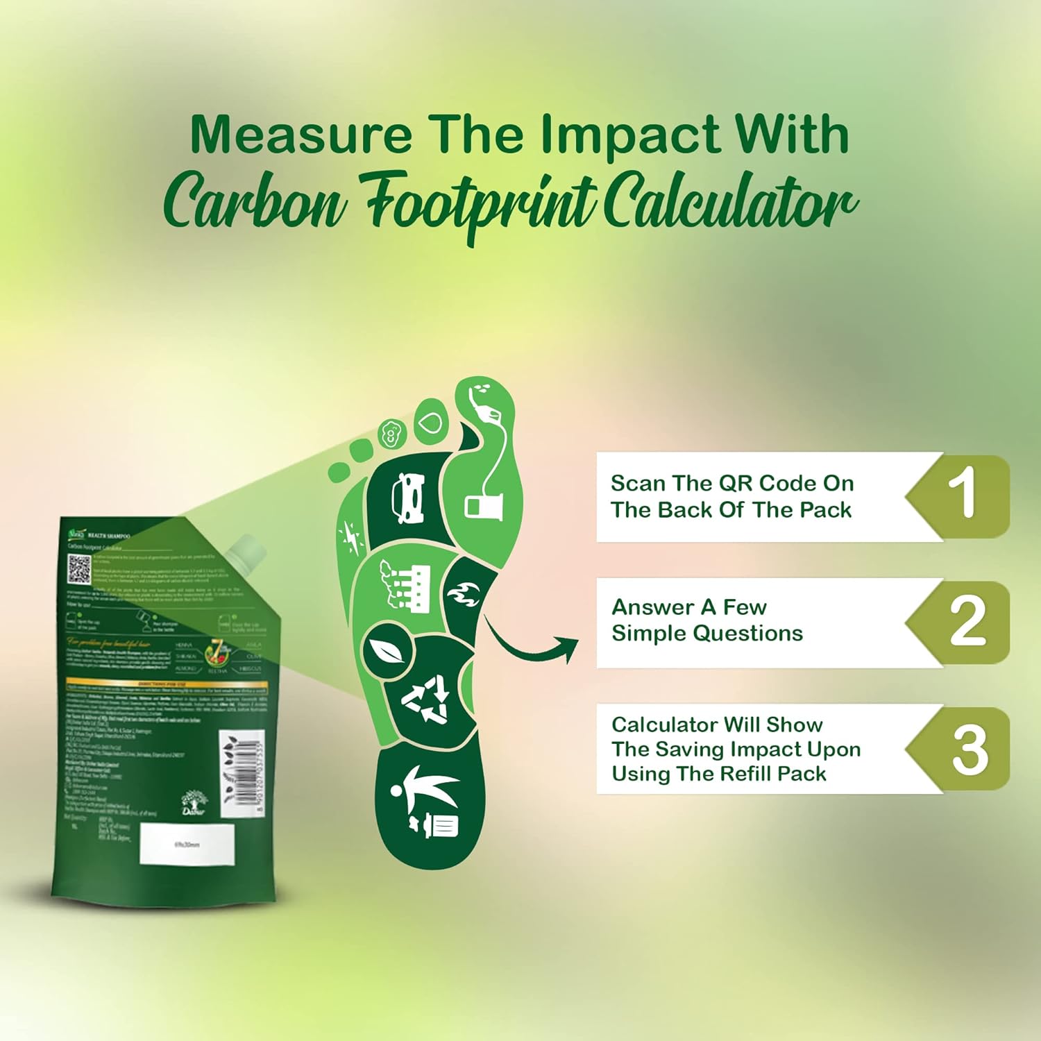 Green packaging with carbon footprint calculator instructions on a gradient background