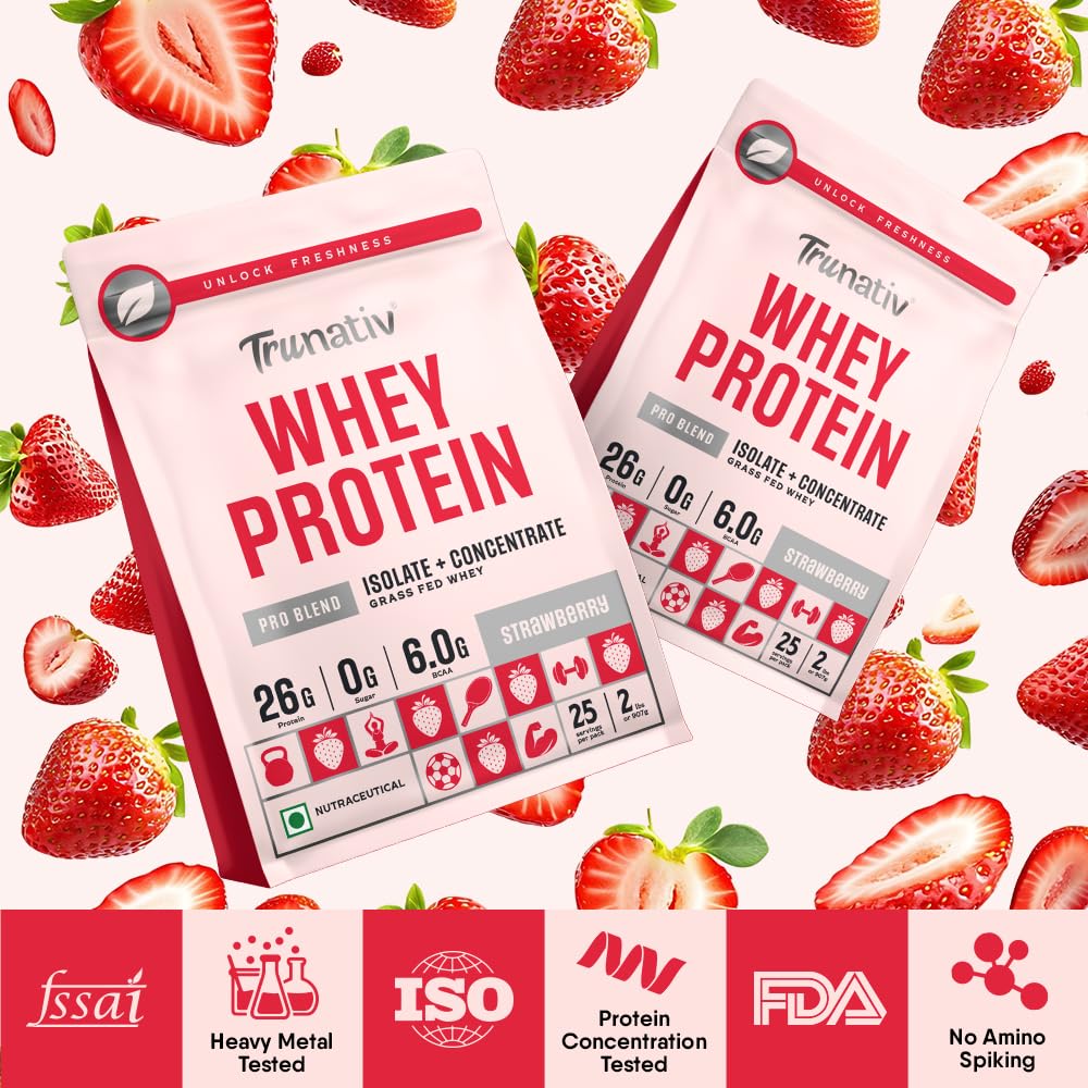 Trunativ Pro Blend Whey Protein Powder Isolate & Concentrate | 100% Light & Clean Protein Powder | 26g Protein | 6g BCAA | 12.52g EAA | No added sugar | Strawberry 2lbs (907g)