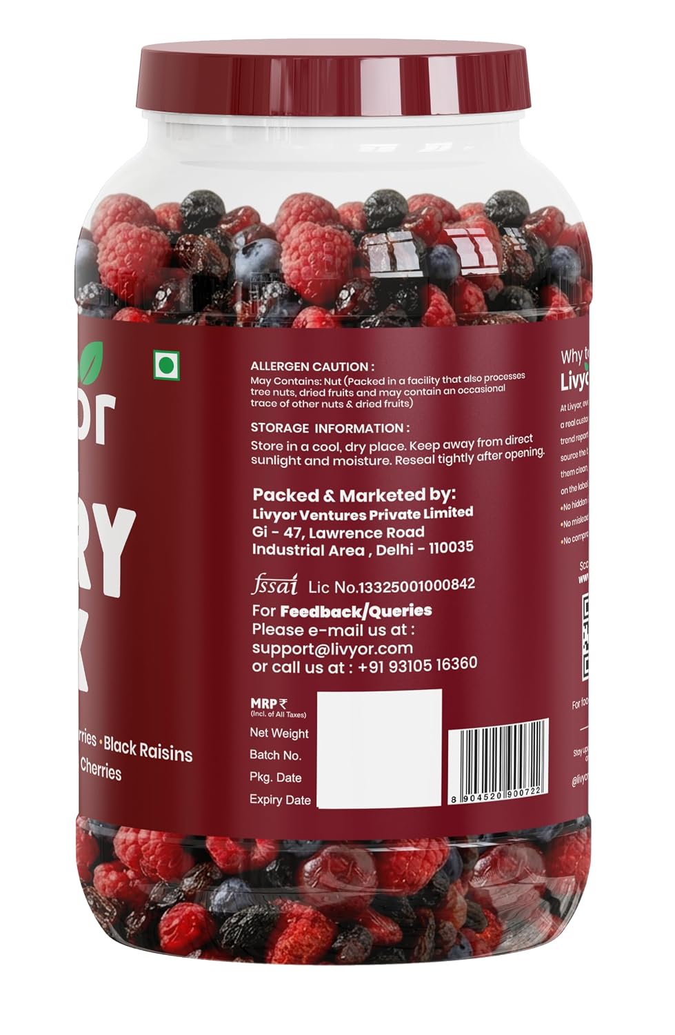 Livyor 5 in 1 Berry Mix for eating - 1kg | Good Source of Fibre | Dried Cranberries | Black Raisins | Cherries | Blueberries | Strawberries | Berry Blast | Berries dry fruits | Berries fresh | Pack of 1