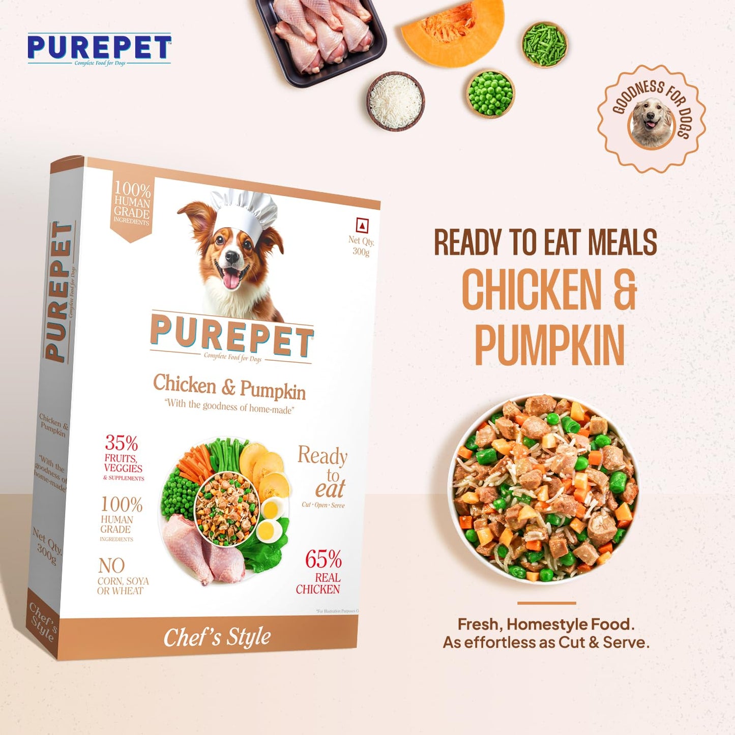 Purepet Fresh Dog Food 300g | Chicken & Pumpkin for Adults & Puppies | High Protein, 65% Real Chicken, 35% Fruits & Veggies | No Preservatives | Ready to Serve | All Breeds | Single Meal Pack