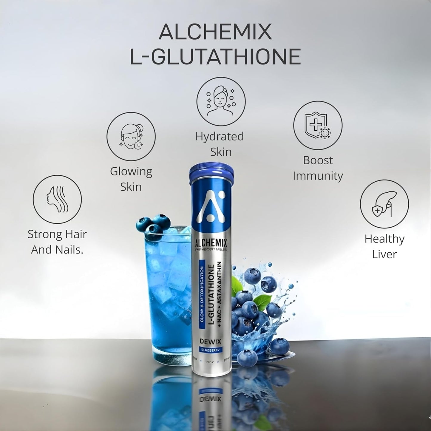 Alchemix Dewix L-Glutathione 600mg Effervescent Tablets with NAC 300mg, Astaxanthin, Vitamin C, Blueberry Flavor, Glow & Detoxification, Sugar-Free, 16 Tablets (1, Blueberry)