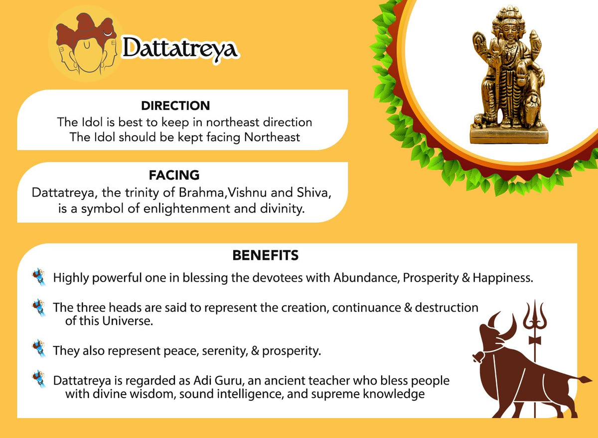 100% Pure Brass Dattatreya Murti (7.5 cm) | Idol for Puja, Study Table, Pooja Room & Home Decor | Statue of Lord Dattatreya for Spiritual Enrichment | Datta Sculpture