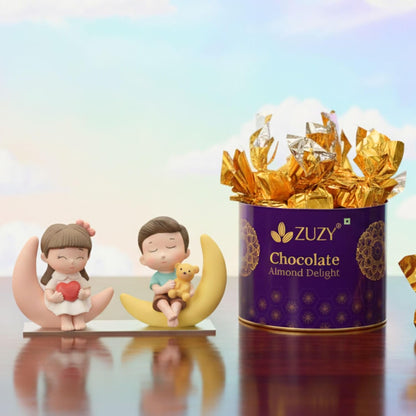 eCraftIndia Romantic Moon Couple Statue Miniature Love Showpiece | Zuzy Almond Chocolates Gift Box | Valentine Gift For Girlfriend Boyfriend Husband Wife Her Him | Valentine Decoration Items