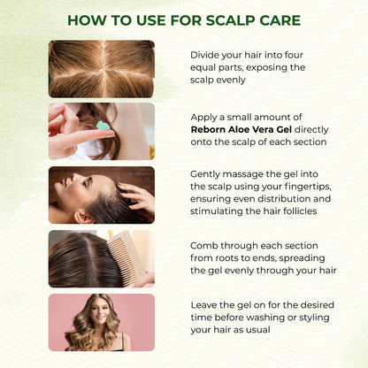Instructions on how to use Reborn Aloe Vera Gel for scalp care with step-by-step images and text.