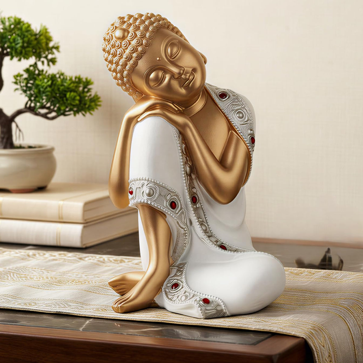 Buddha Idol Statue | Show Pieces for Home Decor Living Room (White Golden)