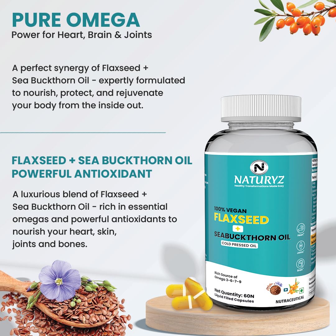Naturyz Flaxseed and Sea Buckthorn Oil supplement bottle with text on a white background