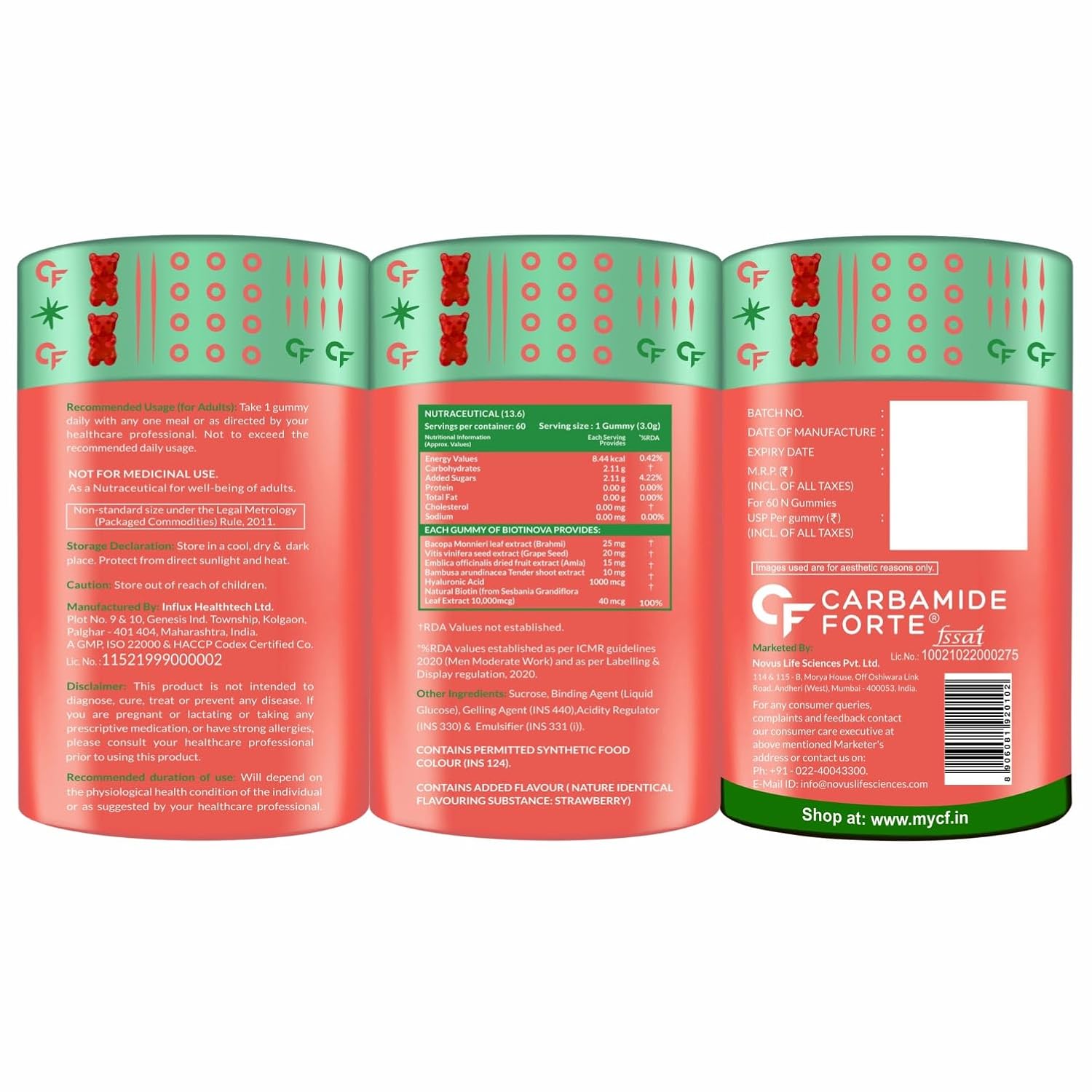 Three red and green containers with labels on a white background