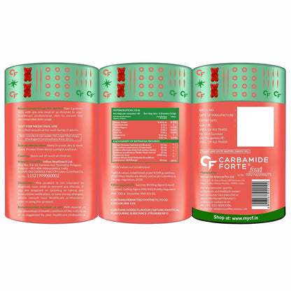 Three red and green containers with labels on a white background