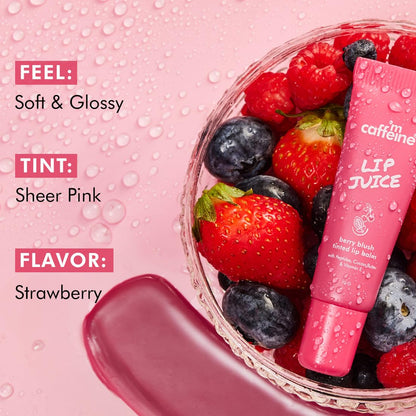 mCaffeine Lip Juice Tinted Lip Balm - Berry Blush | 24 hrs Moisturization | With Peptides, Cocoa Butter & Vitamin E | Heals Dry & Chapped Lips | Lip Balm For Women | Sheer Pink Tint - 10g