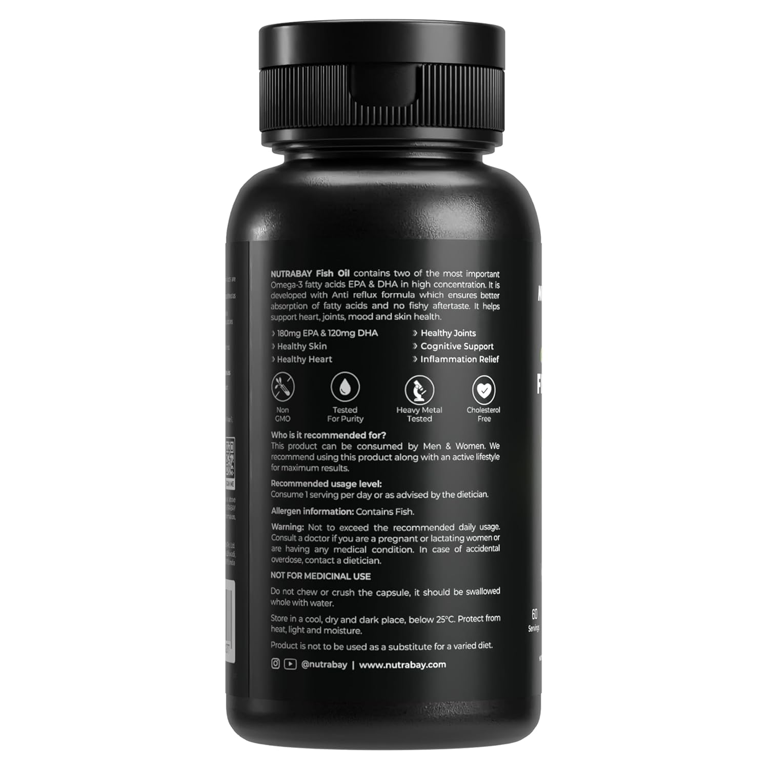 Black supplement bottle with label on a white background