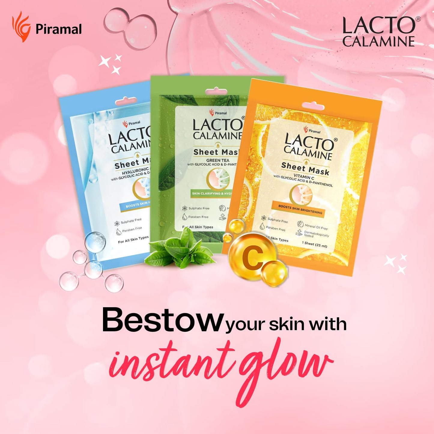 Lacto Calamine Vitamin C Face Sheet Mask |Instant Hydration |Glycolic Acid & D-Panthenol|30 g