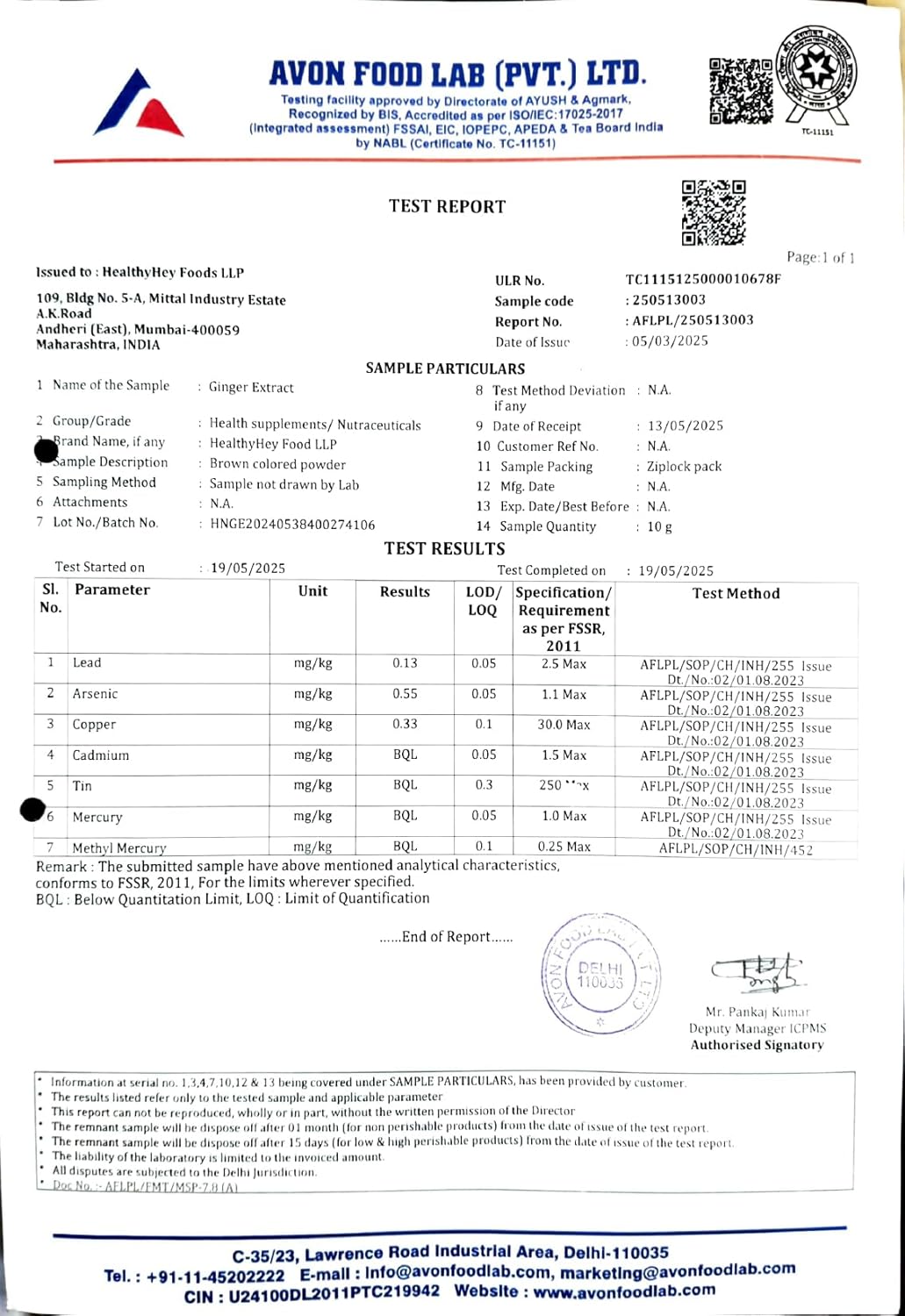 Avon Food Lab test report with various parameters and results.