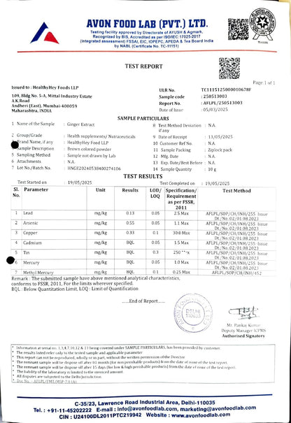 Avon Food Lab test report with various parameters and results.