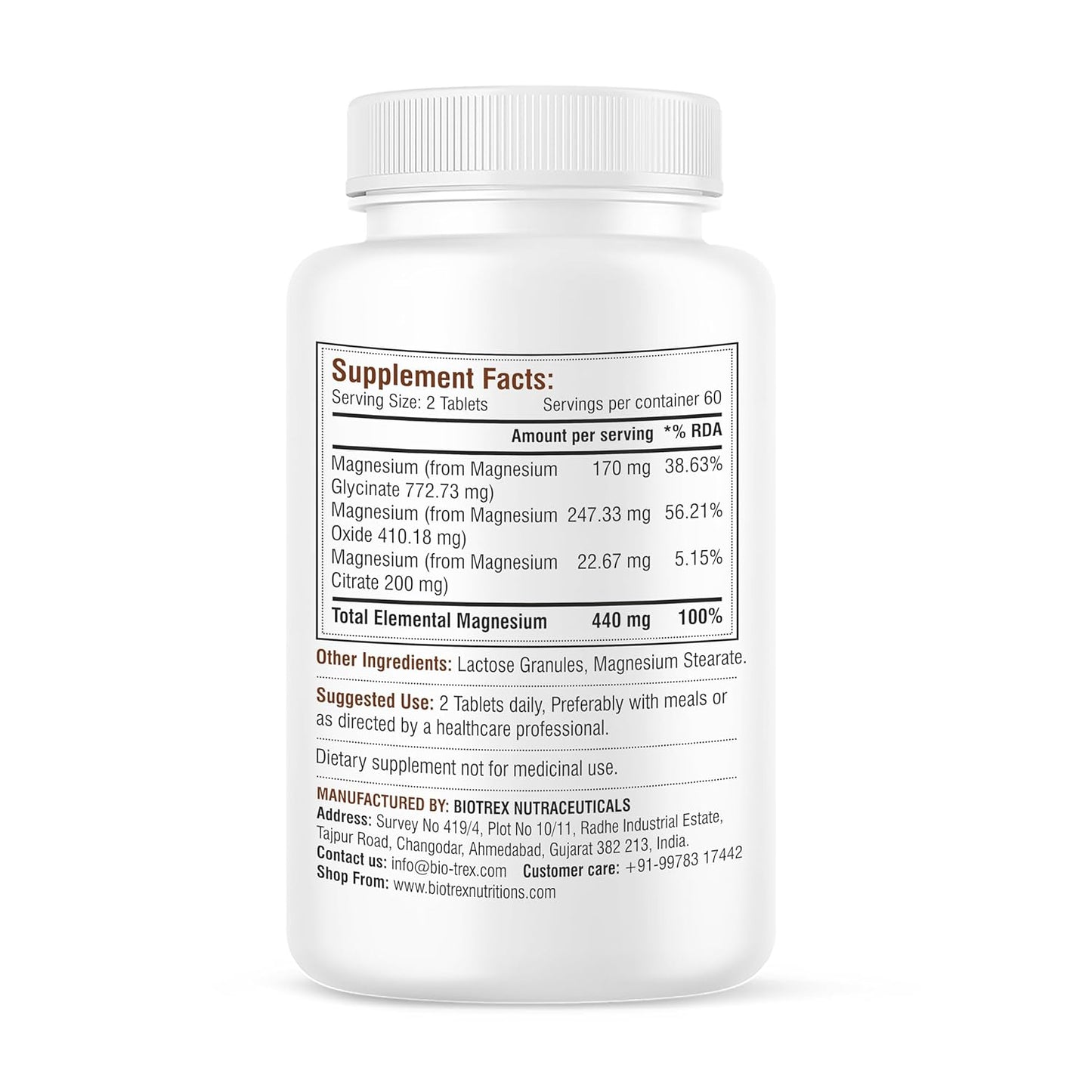 Biotrex Nutraceuticals Chelated Magnesium Complex, Magnesium Riched Source From Glycinate, Oxide & Citrate, Supports Bone, Muscle & Nerves Health - 120 Vegetarian Tablets