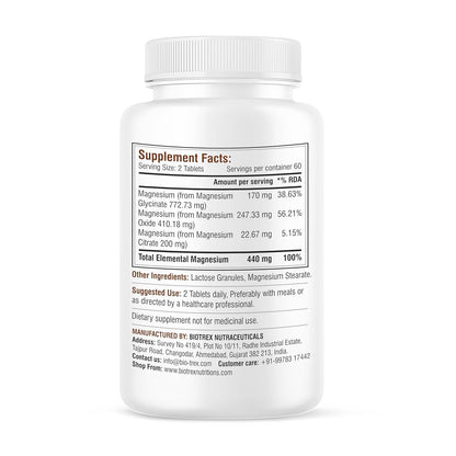 Biotrex Nutraceuticals Chelated Magnesium Complex, Magnesium Riched Source From Glycinate, Oxide & Citrate, Supports Bone, Muscle & Nerves Health - 120 Vegetarian Tablets