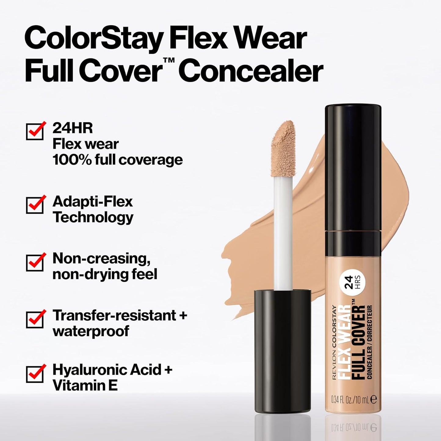 Revlon ColorStay Flex Wear, Full Cover Non-Creasing Concealer, Infused with Hyaluronic Acid & Vitamin E, Flexible Longwear, 030 Light Medium, 10 ml