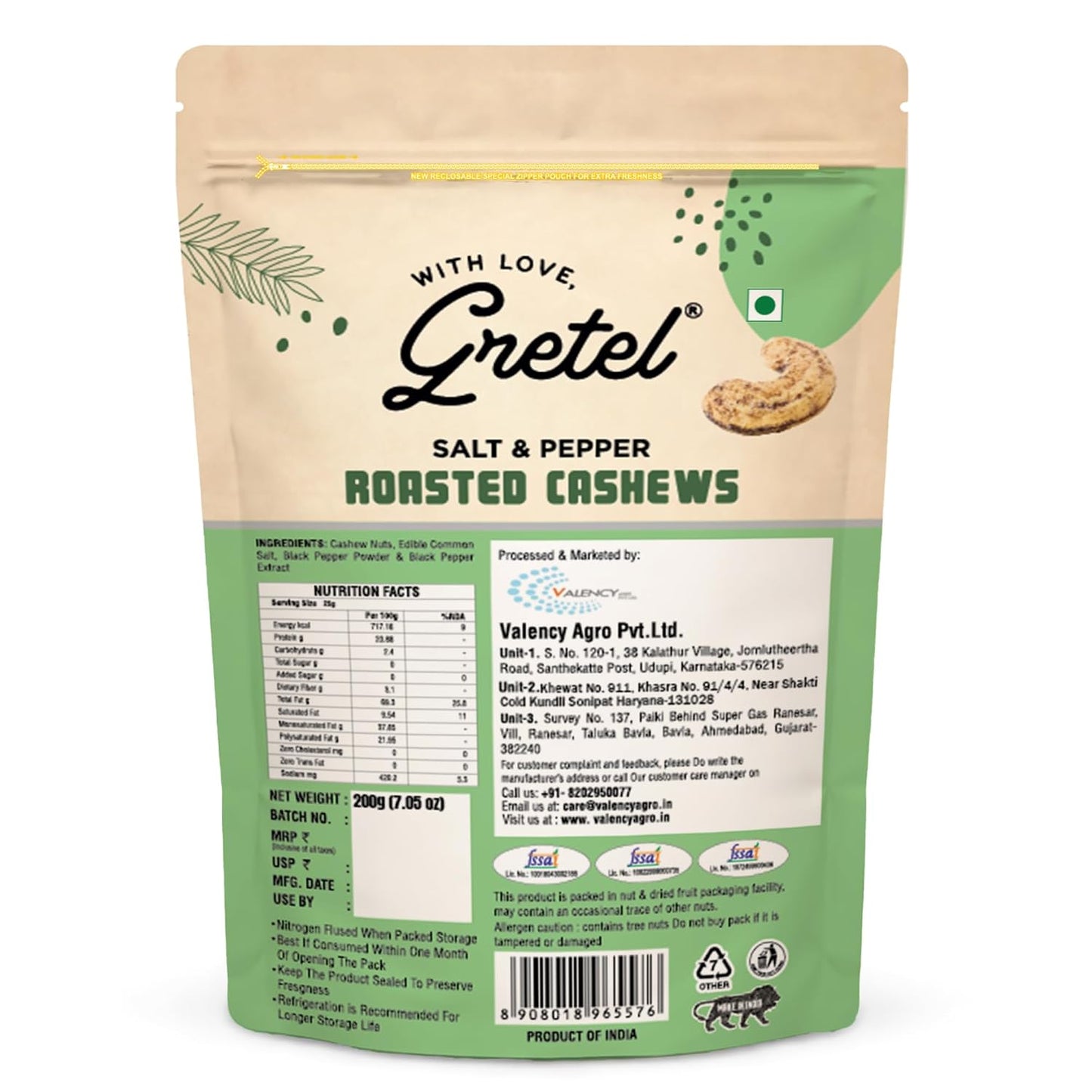 Gretel Salt & Pepper Roasted Cashews 200 gm | Crunchy Kaju Nuts | Rich in Protein & Antioxidants | Zero Cholesterol Dry Fruits | Vegetarian Healthy Snack | Brand of Singapore |