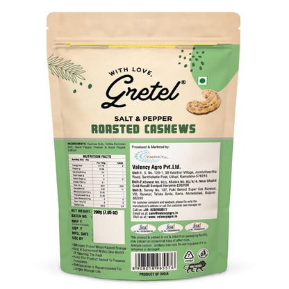 Gretel Salt & Pepper Roasted Cashews 200 gm | Crunchy Kaju Nuts | Rich in Protein & Antioxidants | Zero Cholesterol Dry Fruits | Vegetarian Healthy Snack | Brand of Singapore |