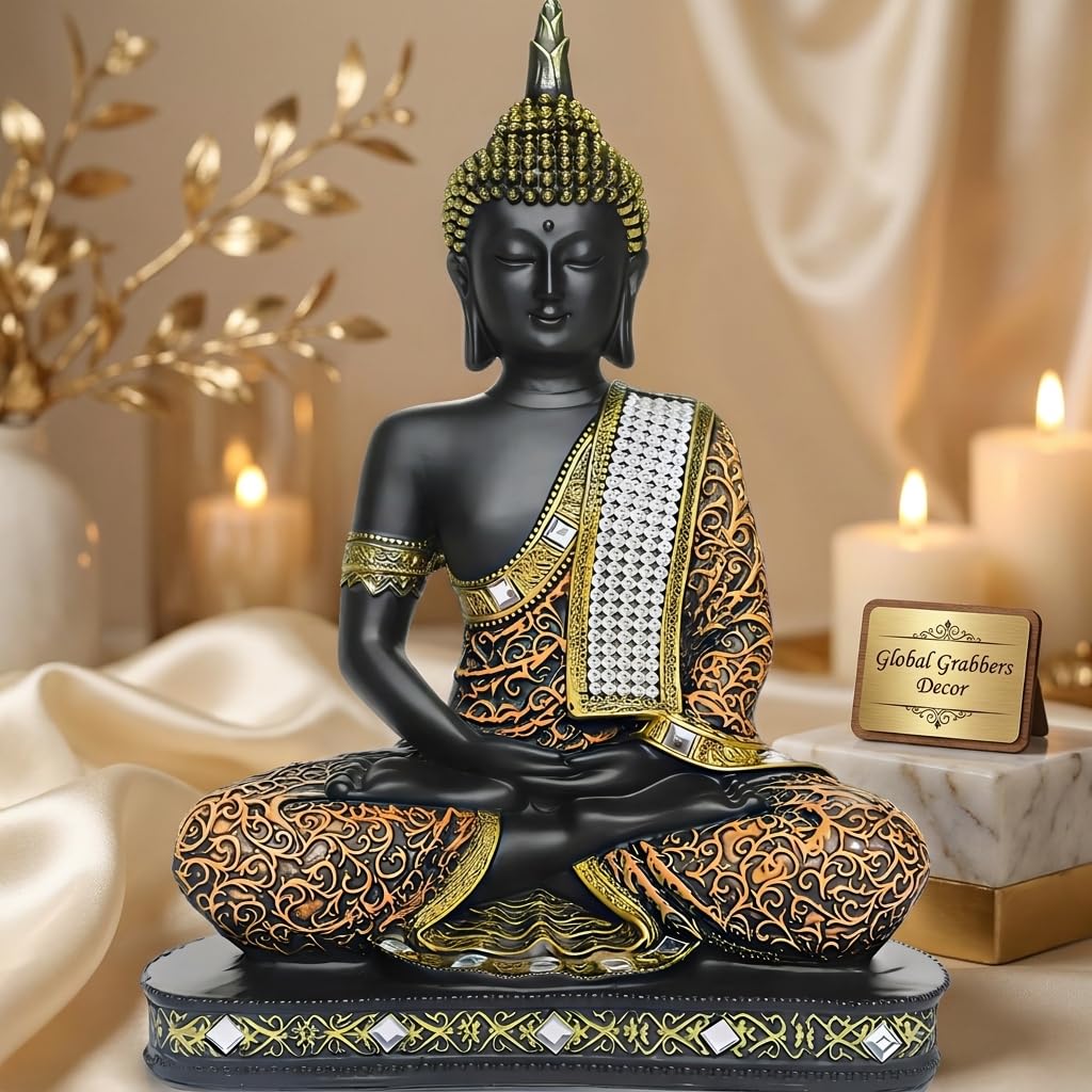 Global Grabbers new Limited Edition 25 Centimetre Meditating Sitting Buddha Idol Statue showpiece Home Decor Decoration Items for Living Room and Gifts (1, Orange Black)