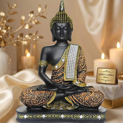 Global Grabbers new Limited Edition 25 Centimetre Meditating Sitting Buddha Idol Statue showpiece Home Decor Decoration Items for Living Room and Gifts (1, Orange Black)