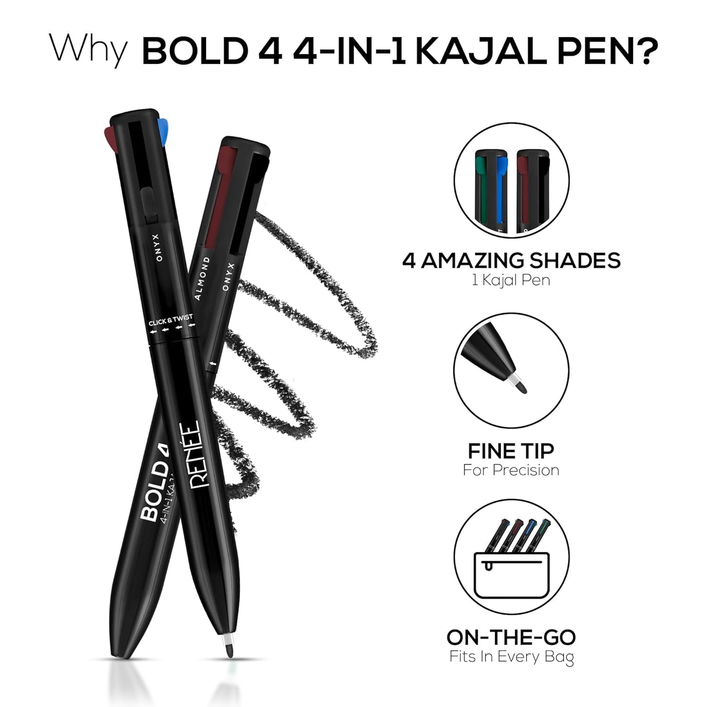 RENEE Bold 4-4-in-1 Kajal - Four Shades Black, Brown, Teal & Blue | Matte Finish | Rich Color Payoff | One-stroke Application | Travel Friendly | Easy to Use