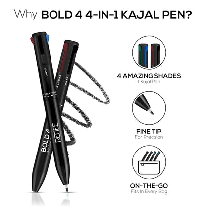RENEE Bold 4-4-in-1 Kajal - Four Shades Black, Brown, Teal & Blue | Matte Finish | Rich Color Payoff | One-stroke Application | Travel Friendly | Easy to Use