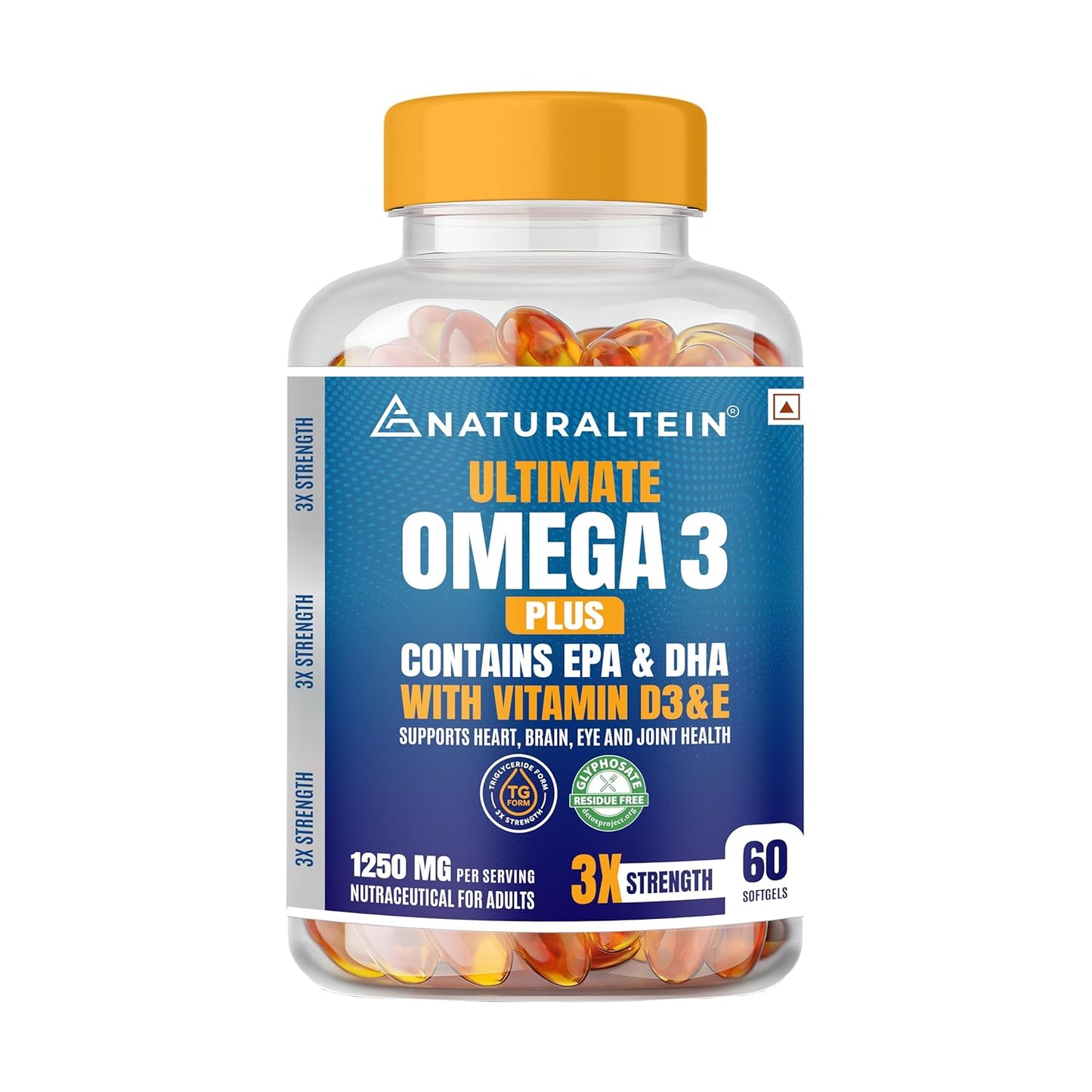 NATURALTEIN Ultimate Omega-3 plus Fish Oil 1250mg Triple Strength Softgel Capsules with vitamin D3 and E | 450mg EPA & 300mg DHA in Triglyceride Form for Better Absorption | Heart, Brain, Eye | 60 Softgel Capsules | 60-Day Supply