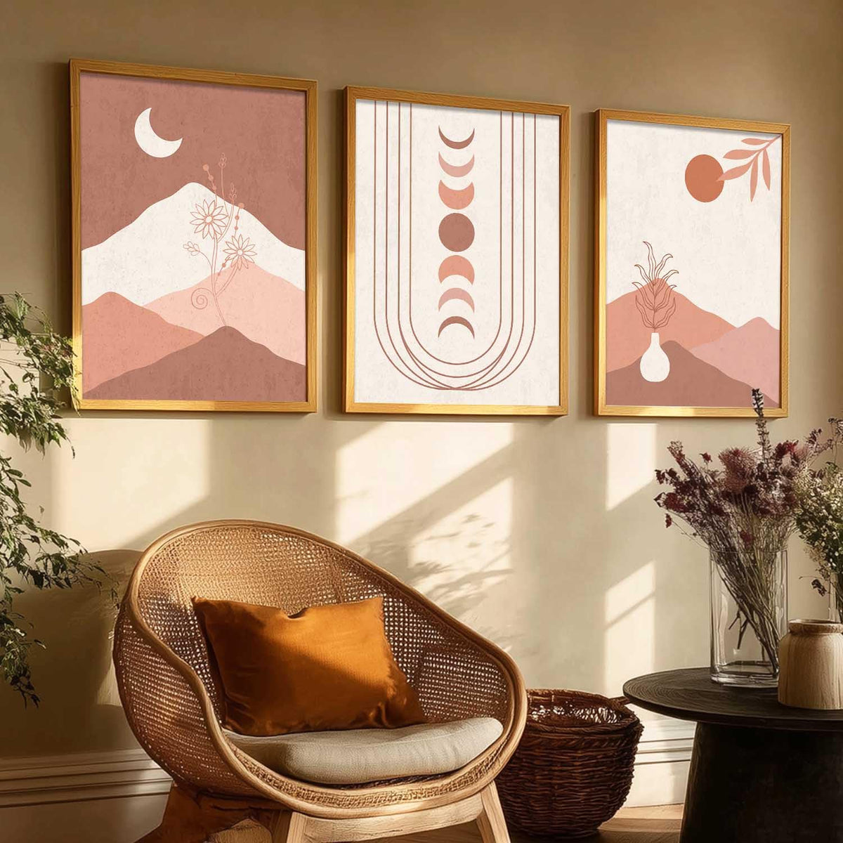 Boho Art Home Decoration Painting Paintings With Frame For Living Room Bed Room Hotel Wall Decor Digital Reprint Set of 3 (13x17 inch)
