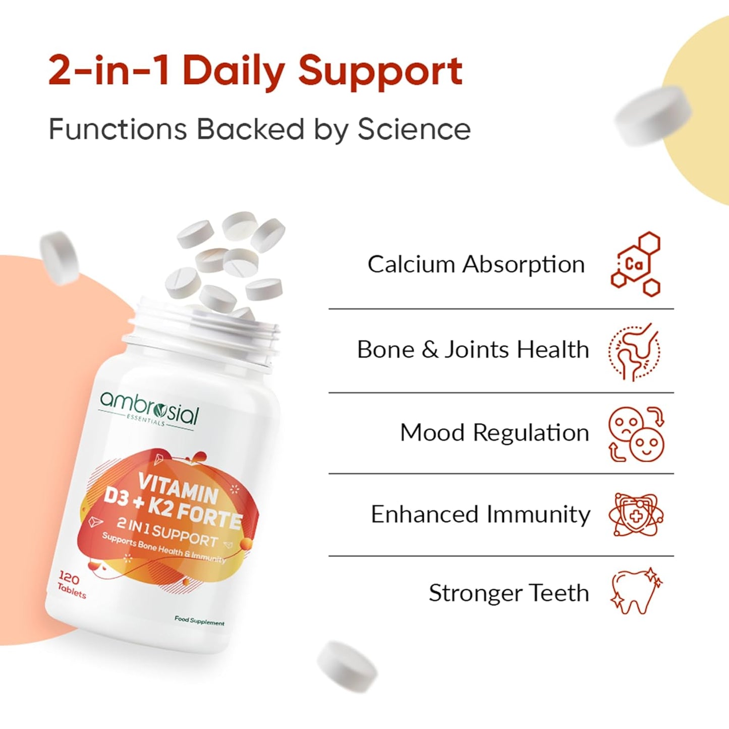 Vitamin supplement bottle with tablets and health benefits listed on a white background