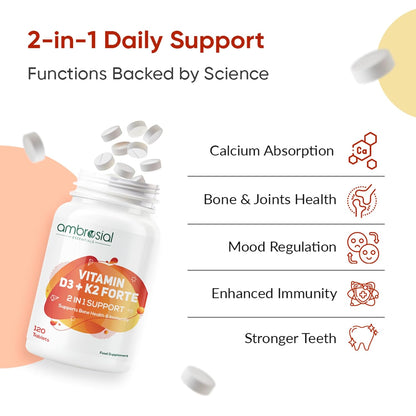 Vitamin supplement bottle with tablets and health benefits listed on a white background