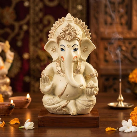 Ganesha Idol,Ganesh Statue for Home Decor,Ganesha murti for Office Desk, & Ganpati Idol for Car Dashboard,Unique Wedding & Birthday Gift (Off-White)